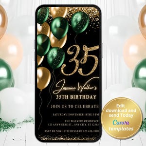 Digitale Einladung zur 35. Geburtstag für Frauen, Smaragdgrün Gold, Textnachricht, digitale Einladung, bearbeitbare Vorlage, Sofort Download
