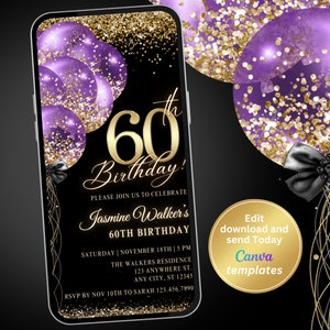 Digital 60th Birthday Party Invitation for Women, Black Purple Gold, Text Message, Digital Invite, Editable Template, Instant Download