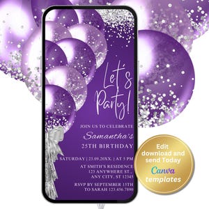 Editable Purple Birthday Invitation, Purple Balloons, Electronic Phone Text Message Evite, Editable Template, Instant Download
