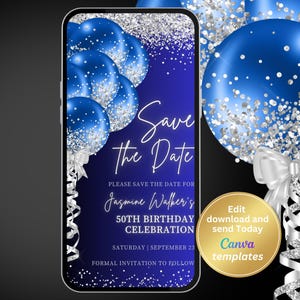 Faire gagner la date numérique bleu royal, invitation de ballons scintillants bleu royal, message texte, modèle modifiable, téléchargement immédiat