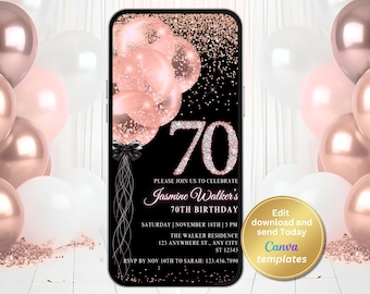Invitación elegante en oro rosa para el 70 cumpleaños – Plantilla editable de Canva (Descarga digital)