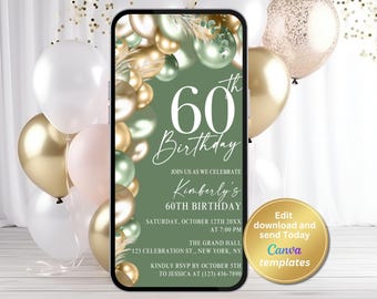 Editable Sage Green and Gold 60th Birthday Invitation (Digital Download)