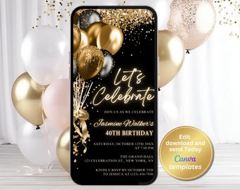 Black Gold Birthday Invitation Template, Editable Digital Party Invite