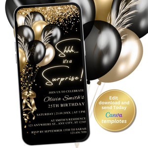 Convite digital surpresa para festa de aniversário, convite surpresa em ouro preto, modelo editável, Evite, download instantâneo, telefone Evite