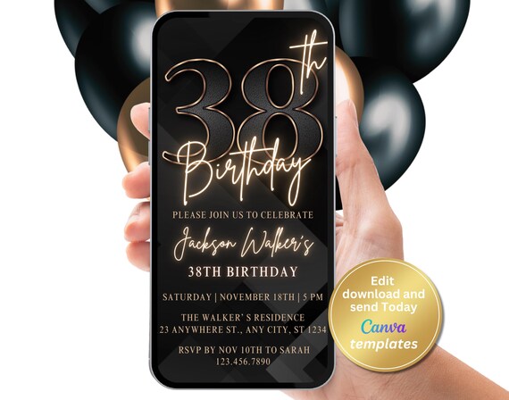 38th Birthday Party Invitation, Black Gold Invite, Digital Invite, Instant Download