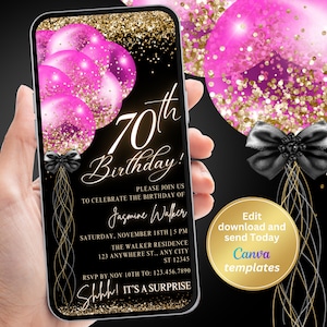 Invitación digital a la fiesta de cumpleaños número 70 para mujeres, sorpresa y regular, invitación rosa fuerte negro, cualquier edad, plantilla editable, descarga instantánea