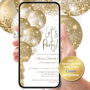 Digital White Gold Glitter Birthday Invitation, Electronic Phone Text Message Evite, Any Age, Editable Template, Instant Download