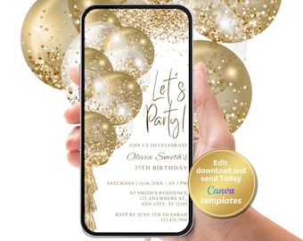 Digital White Gold Glitter Einladung, Textnachricht Evite, elektronisches Telefon, jedes Alter, bearbeitbare Vorlage, Sofort Download