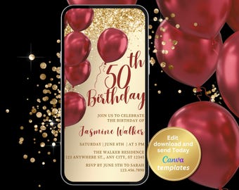 Invito digitale per la festa del 50° compleanno, invito rosso oro, modello modificabile, download immediato