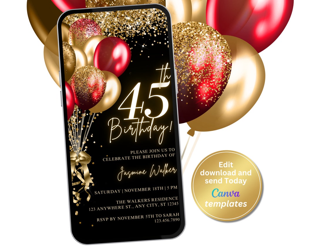 Red and Gold 45th Birthday Party Invitation Editable Digital Evite ...