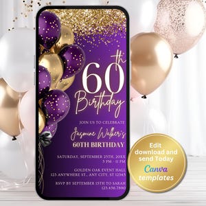60th Birthday Invitation for Women - Purple Gold Digital Invite - Editable for Any Age - Birthday Dinner or Brunch - Instant Download