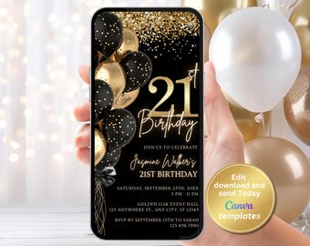 21st Birthday Invitation Template, Black Gold Dinner Party (Canva Editable, Digital Download)
