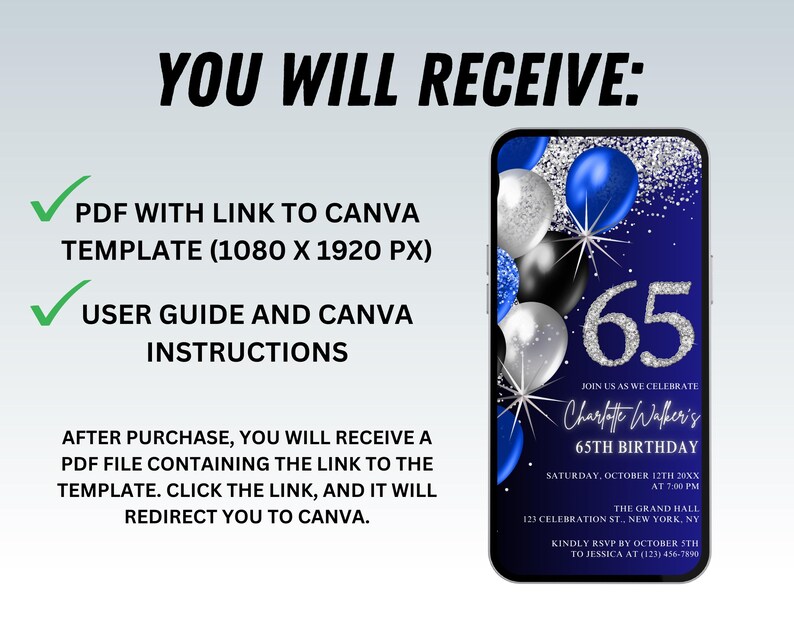 Royal Blue 65th Birthday Invitation – Silver Glitter Diamond Number ...