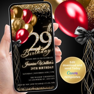 29th Birthday Invitation for Women – Red and Gold Theme with Gold Diamond Number – Editable Text Message Evite – Canva Phone Template