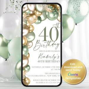 Può includere: Un invito digitale per una festa di compleanno per i 40 anni con un tema di palloncini verdi e dorati. L'invito include il testo "40° compleanno" e dettagli sull'evento, come la data, l'ora, il luogo e le informazioni RSVP.