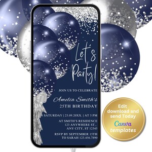 Digitale marineblauwe verjaardagsuitnodiging, zilveren glitterballonnen, sms-bericht elektronische telefoon Evite, bewerkbare sjabloon, Instant Download