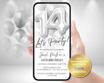 14th Birthday Invitation, Digital Invite, Editable Template, Instant Download