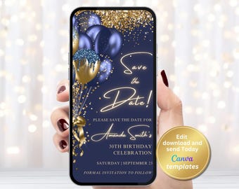 Navy Blue Gold Save the Date Invitation, Glitter Balloons (Digital Download)
