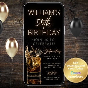 Invito personalizzabile per la festa del 50° compleanno di un uomo / Tema Whiskey / Modificabile per qualsiasi età / Download immediato