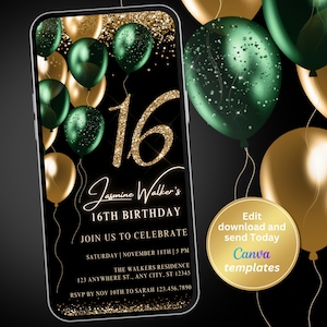 Digitale Einladung zur 16. Geburtstag für Mädchen, Smaragdgrün Gold, Textnachricht, digitale Einladung, bearbeitbare Vorlage, Sofort Download