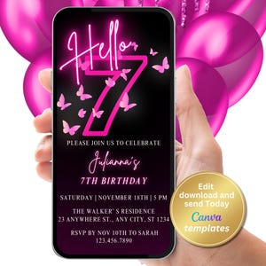 Digital 7th Birthday Party Hot Pink Neon Invitation, Birthday For Girl, Digital Invite, Editable Template, Instant Download