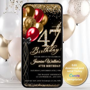 Digital 47th Birthday Party Invitation, Women Birthday Invite, Red Gold Invite, Diamond Invite, Editable Template, Instant Download