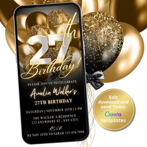 Digital 27th Birthday Party Invitation, Black Gold Invite, Invitation for Women, Birthday Invite, Editable Template, Instant Download