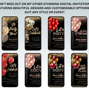 May include: A set of 8 digital invitation templates featuring a black background with gold glitter and balloons. The text on the invitations includes "It's Party Time!" "Let's Celebrate" and "Let's Party".