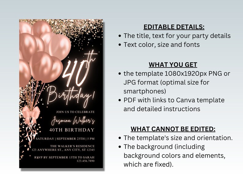 Digital 40th Birthday Party Invitation, Black Rose Gold, Phone Text ...