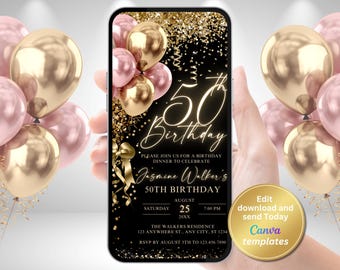 Digital 50th Birthday Dinner Invitation – Gold & Pink Balloons – Customizable Digital Invite for All Ages - Instant Download