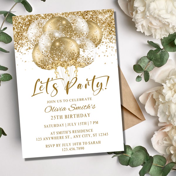 Printable White Gold Birthday Party Invitation, 5x7 Template, Evite, Editable Template, Instant Download