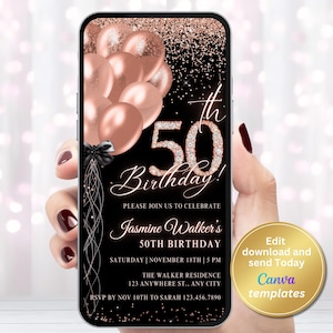 Invitación digital para fiesta de 50 cumpleaños, color negro, rosa y dorado, plantilla editable, descarga instantánea
