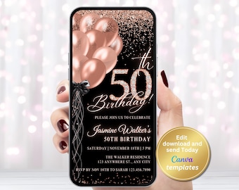 Digital 50th Birthday Party Invitation, Black Rose Gold Invite, Editable Template, Instant Download