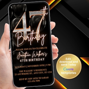 Digital 47th Birthday Invitation Template, 47th Bday Invite, Phone Text Message, Digital Invite, Editable Template, Instant Download