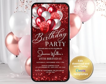 Faire-part de fête d'anniversaire rouge de luxe numérique, ballons blancs argentés rouges, invitation de fête d'anniversaire, modèle modifiable, téléchargement immédiat