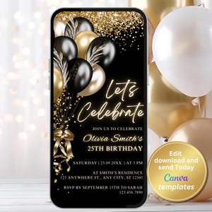 Digital Black Gold Birthday Party Invitation, Phone Text Message Evite, Editable Template, Instant Download