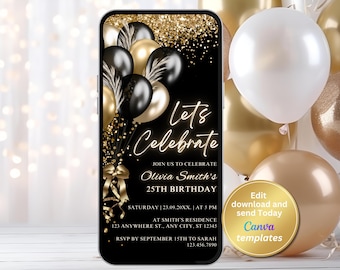 Digital Black Gold Birthday Party Invitation, Phone Text Message Evite, Editable Template, Instant Download