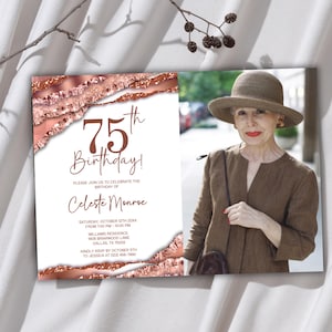 75th Birthday Invitation with Photo, Editable 75th Invite Template for Women, Digital or Printable Canva Birthday Card 7x5&quot;