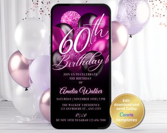 Hot Pink 60th Birthday Invitation: Glam Dinner or Brunch Evite (Digital Download)