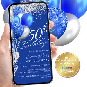 Bearbeitbare Saphir Blau Silber 50. Geburtstag Party Einladung - Telefon Text Nachricht Evite für jedes Alter Geburtstag Sofort, Sofort Download