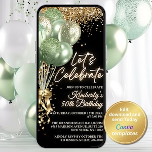Saliegroene en gouden verjaardagsuitnodiging voor vrouwen – elegante digitale telefoon Evite – bewerkbare canvassjabloon, elke leeftijd, Instant Download