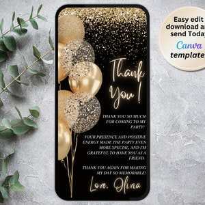 Messaggio di compleanno digitale in oro nero di ringraziamento, nota di ringraziamento elettronica, champagne dorato, modello modificabile, download istantaneo