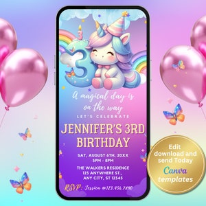Unicorn 3rd Birthday Invitation for Girls – Magical Rainbow Party Theme – Digital Editable Phone Evite – Cute Third Birthday Invite for Kids