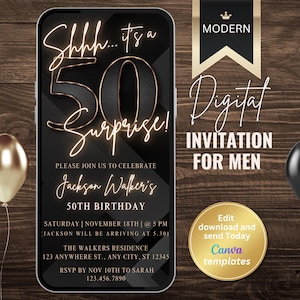 Surprise 50th Birthday Invitation for Men – Elegant Digital Text Invite – Shhh... It’s a Surprise – Mobile Phone Evite Template