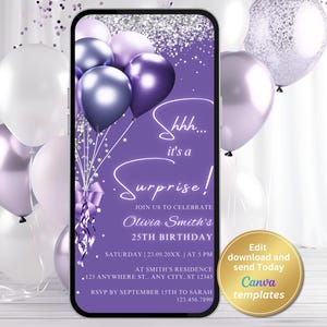 Surprise Birthday Invitation – Purple Balloons with Silver Glitter – Editable Any Age Digital Template – Violet Theme, Instant Download