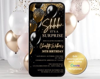 Black Gold Surprise Birthday Invitation, Editable Digital Template, Instant Download