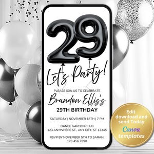 Minimalist 29th Birthday Invitation: Black & White Phone Evite (Digital Download, Canva Template