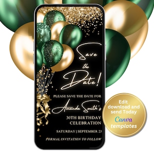 Digital Emerald Green Gold Save The Date Invitation, Phone Text Message Evite, Editable Template, Instant Download