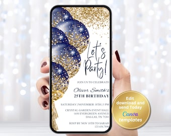 Digital Navy Blue and Gold Birthday Invitation, Editable Template, Instant Download