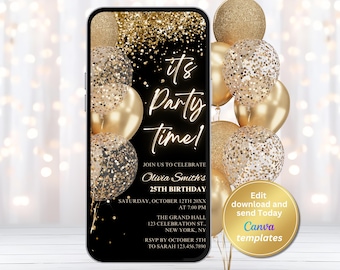 Black Gold Birthday Invitation with Gold Balloons, Digital Invite, Editable Template, Instant Download